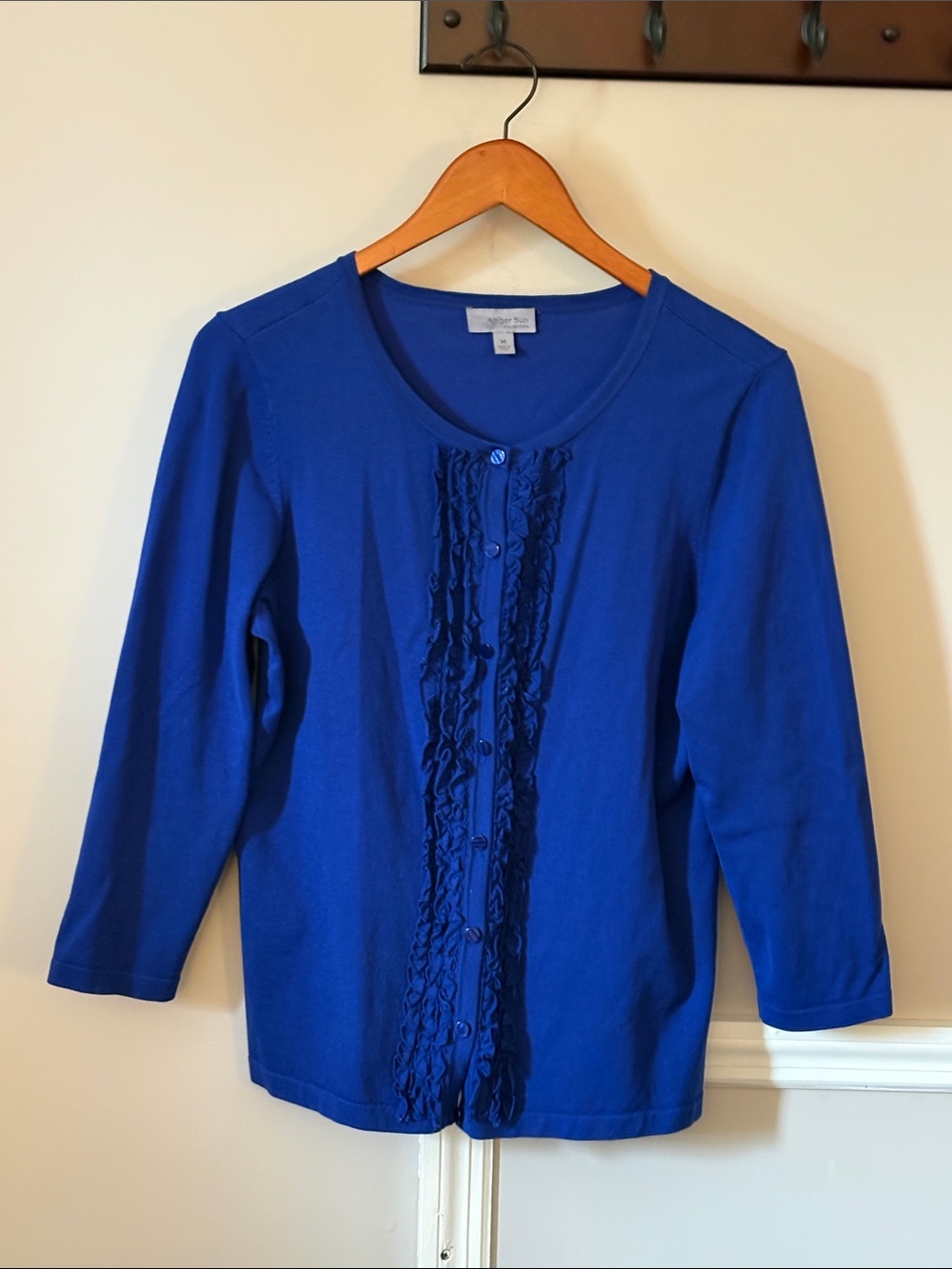 Petite Knit Ruffle-Trim Cardigan Sweater - Royal Blue